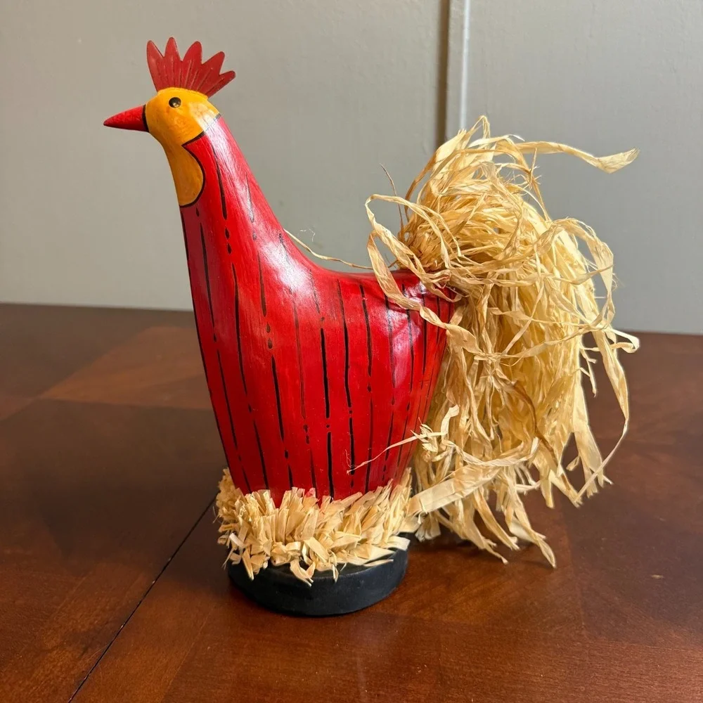 Farmhouse Rooster & Hen Wood Figurines Raffia Tail Rustic Kitchen‎ Decor